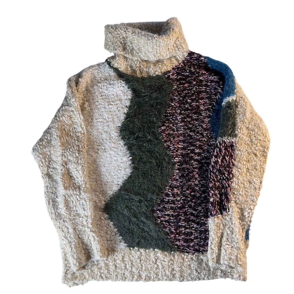 La Cite Womens Mixed Texture Patchwork Turtleneck Sweater Multicolor Size Medium